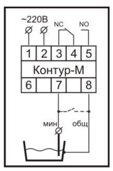 Схема подключения реле контроля уровня «Контур–М» при режиме откачивания до нижнего уровня